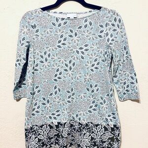J. Jill Leaf Wearever Border Print 3/4 Long Sleeve Top - Blue and White XS NWOT